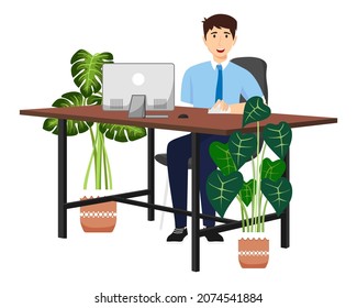 Cute beautiful businessman freelancer character siting on desk with modern office chair and table with pc computer with house plants
