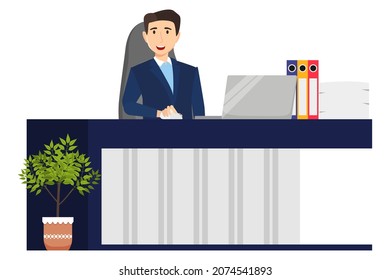 Cute beautiful businessman freelancer character siting on desk with modern office chair and table drawer cabinet with pc laptop computer file folder with house plants