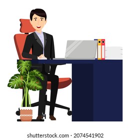 Cute beautiful businessman freelancer character siting on desk with modern office chair and table with pc laptop file folder with house plants