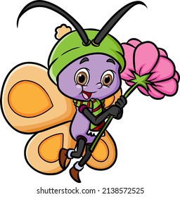The cute beautiful butterfly is holding a big flower of illustration
