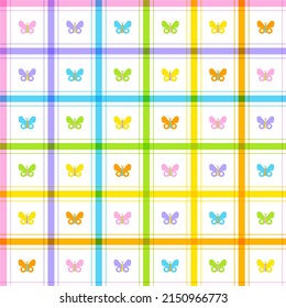 Cute Beautiful Butterfly Insect Element Rainbow Green Pink Yellow Orange Blue Pastel Stripe Striped Line Tilt Checkered Plaid Tartan Buffalo Scott Gingham PatternCartoon Vector Seamless Pattern Print
