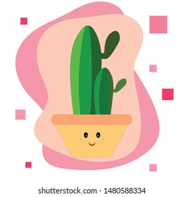 cute and beautiful cactus doodle illustrations, green shades of pink background with a rectangular pattern