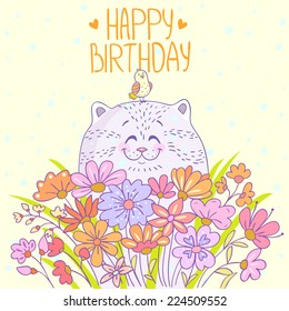 Cute and beautiful cartoon cat with a bird. Stylish happy birthday card