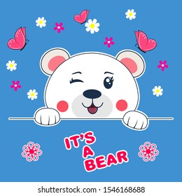 Cute beautiful cartoon  face bear teddy. Modern flat poster for prints, kids cards, t-shirts and other. Greeting card. Vector illustration.