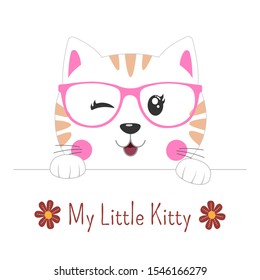 Cute beautiful cartoon  face cat in glasses.  Modern flat poster for prints, kids cards, t-shirts and other. Greeting card. Vector illustration.