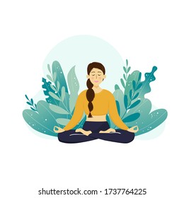 Cute beautiful cartoon girl in yoga lotus pose, meditating and relaxing. Yoga practice in the park. Vector illustration. 