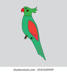 Cute and beautiful cartoon green-red bird drawing art on a blackish background.