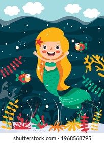 Cute Beautiful Cartoon Mermaid Posing