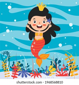 Cute Beautiful Cartoon Mermaid Posing