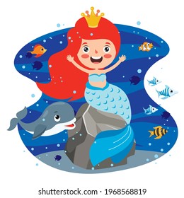 Cute Beautiful Cartoon Mermaid Posing