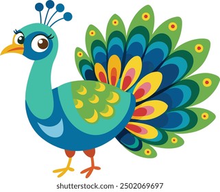 Cute Beautiful Cartoon Peacock Vector Illustration Art