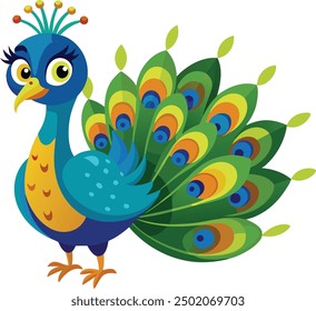 Cute Beautiful Cartoon Peacock Vector Illustration Art