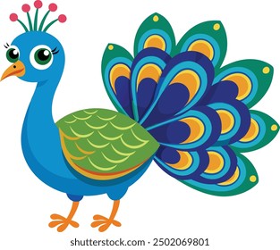 Cute Beautiful Cartoon Peacock Vector Illustration Art