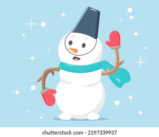 cute beautiful cartoon snowman made of snow with a bucket on his head and gloves on a blue background with snowflakes