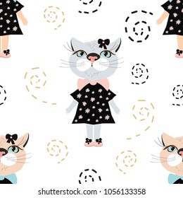 Cute beautiful cat girl wearing in dress and shoes with bows. Childish Vector seamless pattern. Nursery design. Pastel kids illustration with pretty little kitten.