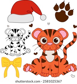 Cute and beautiful character tiger with accessories santa hat, bow, footstep, hearts . Vector illustration charming animal sitting smiling in graphic line style.
