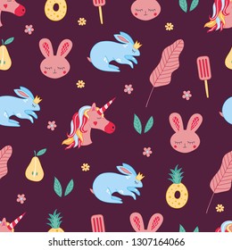 Cute beautiful childish seamless background with pink unicorn, blue rabbit with crown, hare, pineapple, pear, leaf, flowers. Pattern for wallpaper, paper, fabrics, children's clothing, packaging, gift
