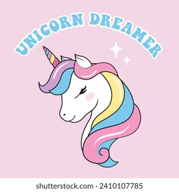 Cute beautiful colorful unicorn head with heading unicorn dreamer