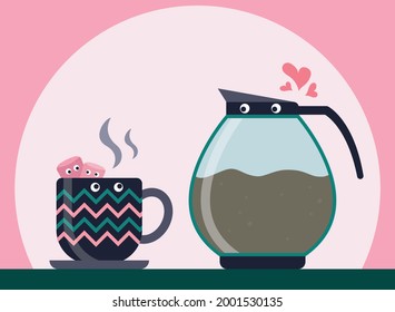 Cute beautiful cup with coffee in love with the coffee maker, stylish dishes, cheerful pink marshmallow, illustration, drawing, flat, graphic, style