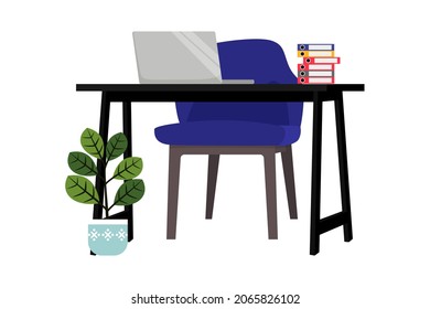 Cute beautiful desk for freelancer and home office with chair table pc laptop computer file folder some paper pile and with plants