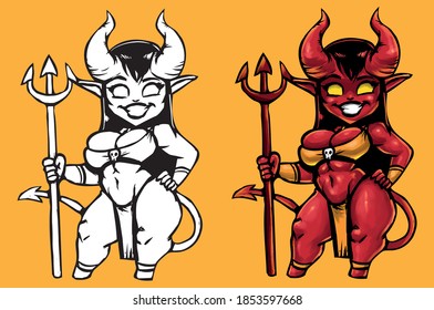 cute and beautiful devil lady with big horns in a yellow outfit with a pitchfork in her hand