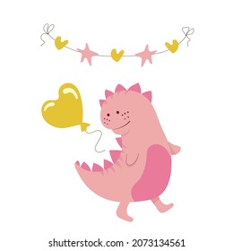 Cute beautiful dinosaur goes to the festivities with a balloon. Pink dinosaur. Vector illustration
