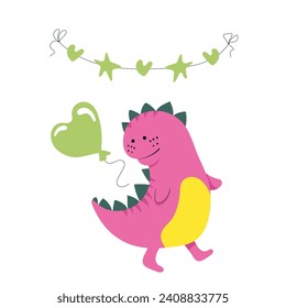 Cute beautiful dinosaur goes to the festivities with a balloon. Pink dinosaur. Vector illustration