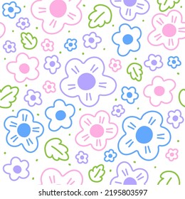 Cute Beautiful Ditsy Daisy Flowers Colorful Pastel Pink Blue Purple Flora Leaf Outline Illustration Vector Seamless Pattern Texture Textile Fabric Print Background paper, fabric, interior decor