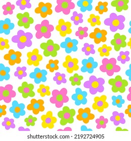 Cute Beautiful Ditsy Flowers Repeating Colorful Neon Floral Hand drawn Illustration Vector Seamless Pattern Texture Textile Fabric Print White Background paper, cover, fabric, interior decor