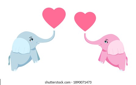 Cute beautiful elephant couple blowing heart shape isolated on white background