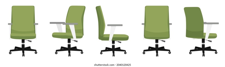 Bonito sillón vacío de aspecto moderno con diferentes poses aislado de color verde