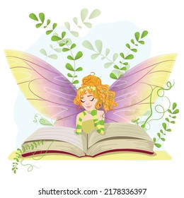 cute beautiful fairy with books. fabulous illustration for book lovers