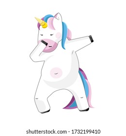 Cute and beautiful fantasy vector illustration of dabbing unicorn isolated on white background for t-shirts, poster, print or fashion style design. Funny cartoon character of Happy birthday party