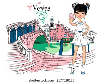 Cute beautiful fashion asian girl near Rialto Bridge over the Grand Canal , Venice, Italia.