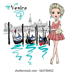 Cute beautiful fashion girl in polka-dot dress, Venice, Italia. Gondolas and San Giorgio di Maggiore church in the background