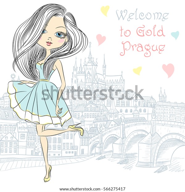 プラハで青いドレスを着たかわいいおしゃれな女の子 背景にプラハ城とチャールズ橋 のベクター画像素材 ロイヤリティフリー