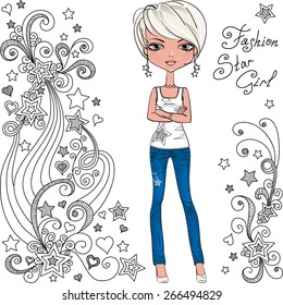 Cute beautiful fashionable hipster girl black and pattern of doodles and stars