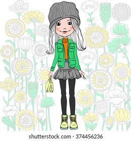 Cute beautiful fashionable hipster girl and pattern of doodles and flowers. 