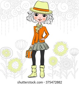 Cute beautiful fashionable hipster girl in a hat and pattern of doodles and flowers. 