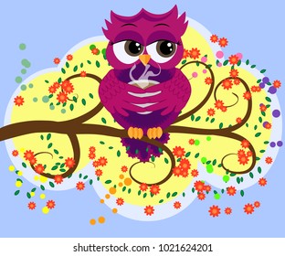 Cute beautiful flirtatious red owl on a branch with a cup of steaming coffee, tea or chocolate