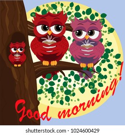 Cute beautiful flirtatious red owl on a branch with a cup of steaming coffee, tea or chocolate