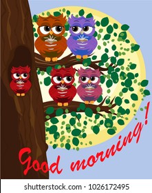 Cute beautiful flirtatious red owl on a branch with a cup of steaming coffee, tea or chocolate