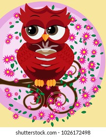 Cute beautiful flirtatious red owl on a branch with a cup of steaming coffee, tea or chocolate