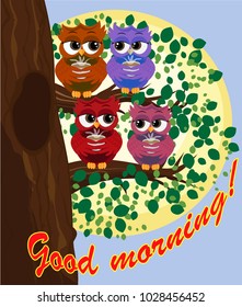 Cute beautiful flirtatious red owl on a branch with a cup of steaming coffee, tea or chocolate