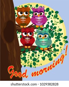 Cute beautiful flirtatious red owl on a branch with a cup of steaming coffee, tea or chocolate