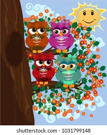 Cute beautiful flirtatious red owl on a branch with a cup of steaming coffee, tea or chocolate