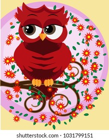 Cute beautiful flirtatious red owl on a branch with a cup of steaming coffee, tea or chocolate