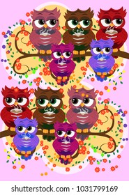 Cute beautiful flirtatious red owl on a branch with a cup of steaming coffee, tea or chocolate