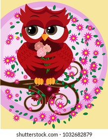Cute beautiful flirtatious red owl on a branch with a cup of steaming coffee, tea or chocolate