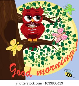 Cute beautiful flirtatious red owl on a branch with a cup of steaming coffee, tea or chocolate